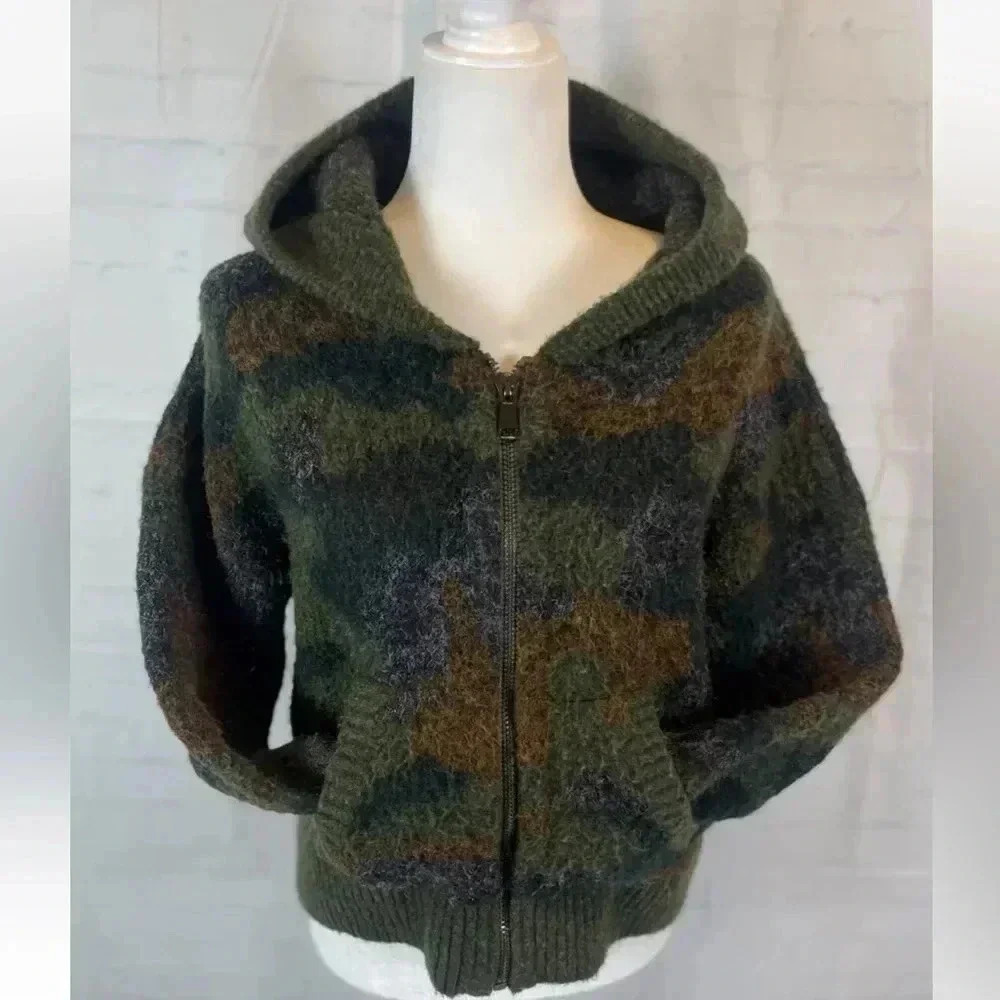 RD style sweater Green KNIT eyelash Full Zip Hooded Sweater Woman’s‎ Size XS